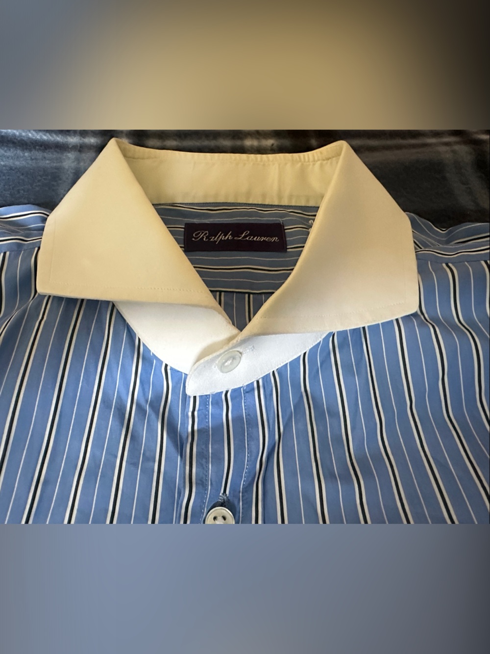 Ralph Lauren Purple Label Blue Striped White Contrast Collar Men’s Dress Shirt